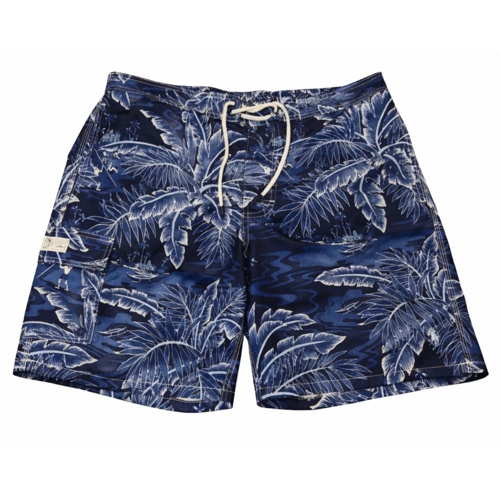 Polo Ralph Lauren Mens XL Swim Trunks Navy Blue White Tropical Palm Leaf Print